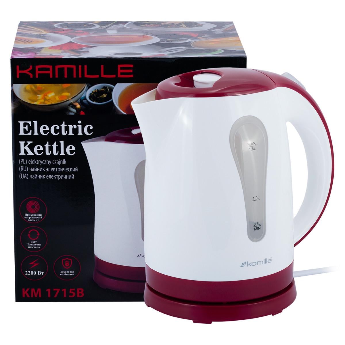 Электрочайник Kamille KM-1715R пластиковый 1,8 л Белый/Красный (1735044017)