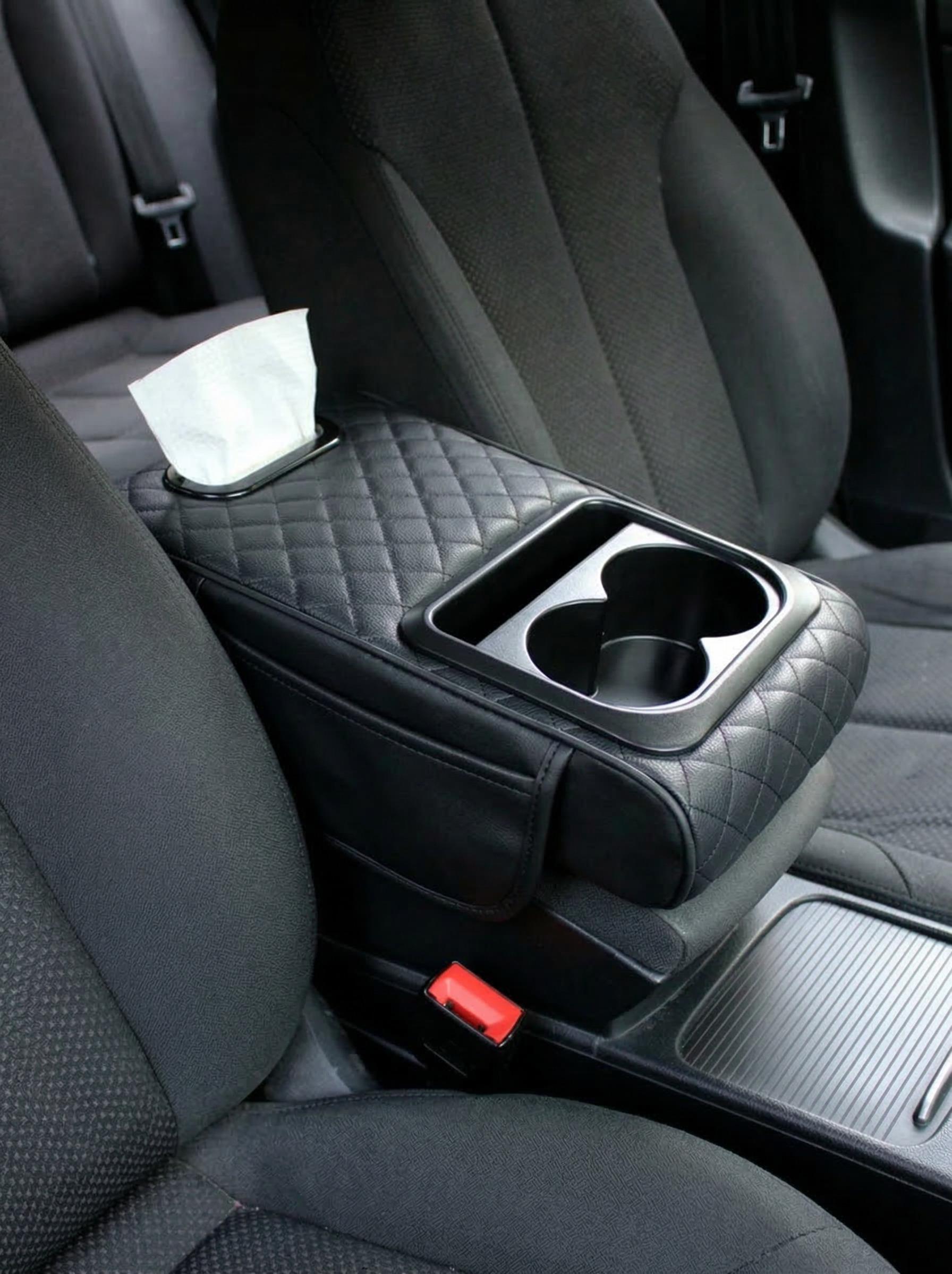 Автомобильный подлокотник с подстаканниками и салфетницей из экокожи 35х20х8 см Черный (Е500336)