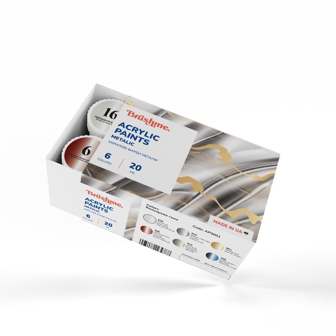 Краска акриловая Brushme металлик влагостойкая для рисования и рукоделия 20 мл 6 цветов (AP3001) Краска акриловая Brushme металлик влагостойкая для рисования и рукоделия 20 мл 6 цветов (AP3001)