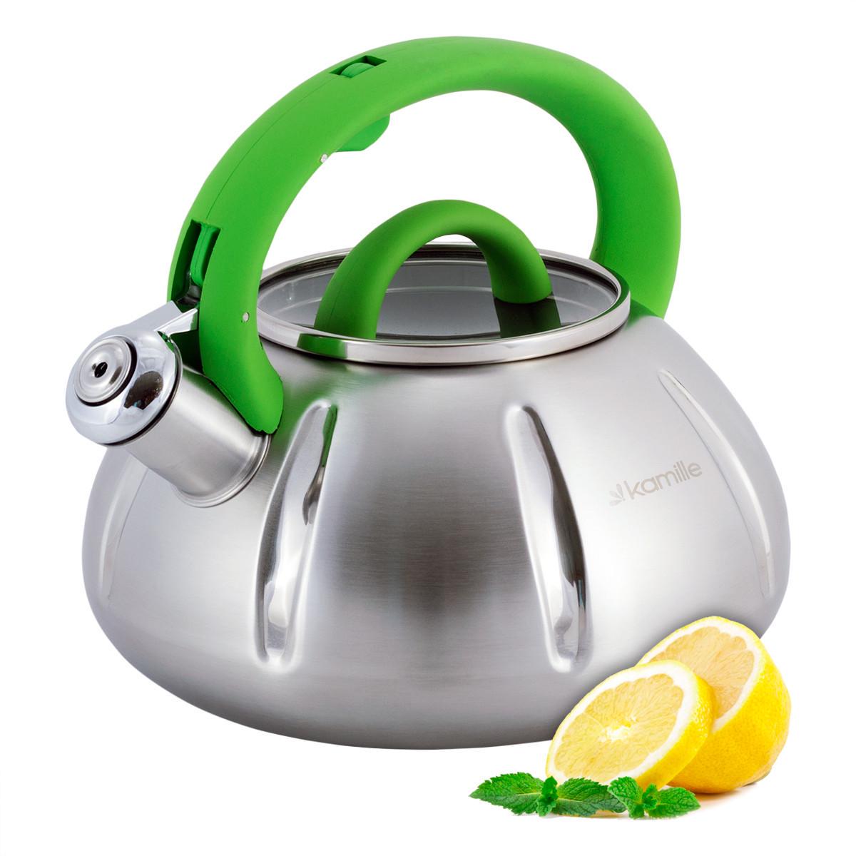 Чайник зі свистком Kamille KM-0671 із нержавіючої сталі та скляною кришкою 3 л Сталевий/Зелений (150-84-0671) - фото 7 Чайник зі свистком Kamille KM-0671 із нержавіючої сталі та скляною кришкою 3 л Сталевий/Зелений (150-84-0671) - фото 7
