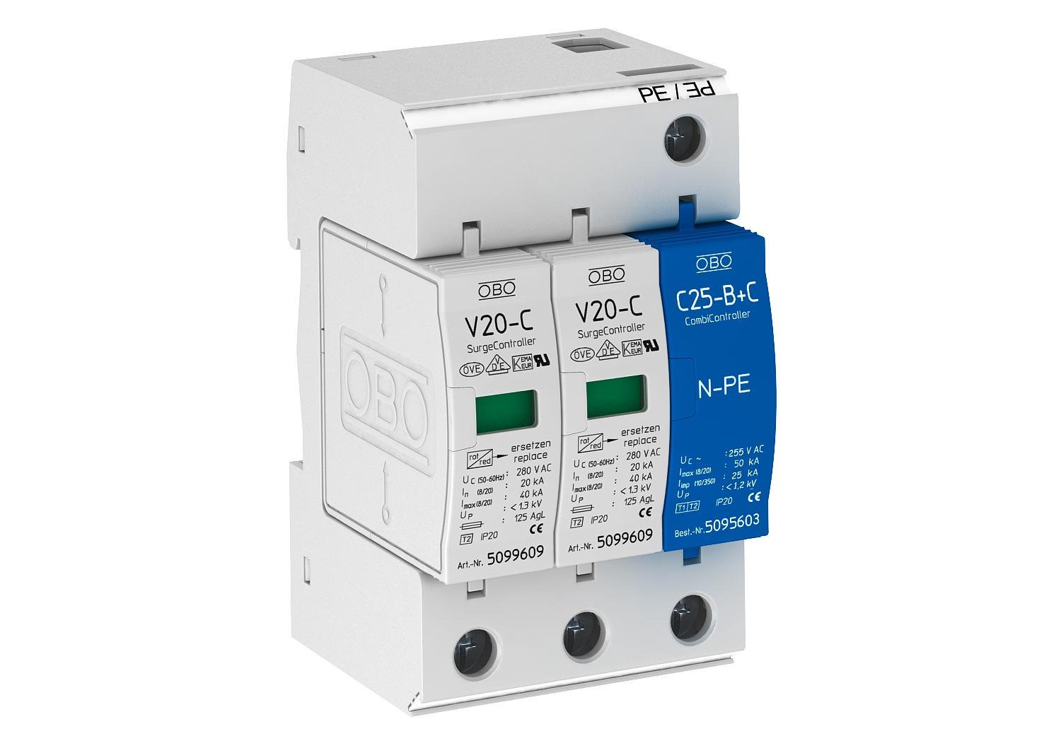 Ограничитель перенапряжения OBO bettermann V20-C 2+NPE-280 2P+N/PE 60кА 280 В класc 2 С (5094653)