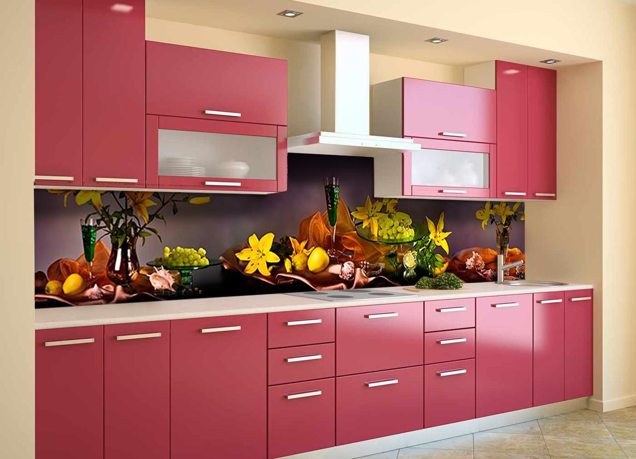 Кухонный фартук Натюрморт желтые лилии из самоклеющейся виниловой пленки 60х250 см Коричневый