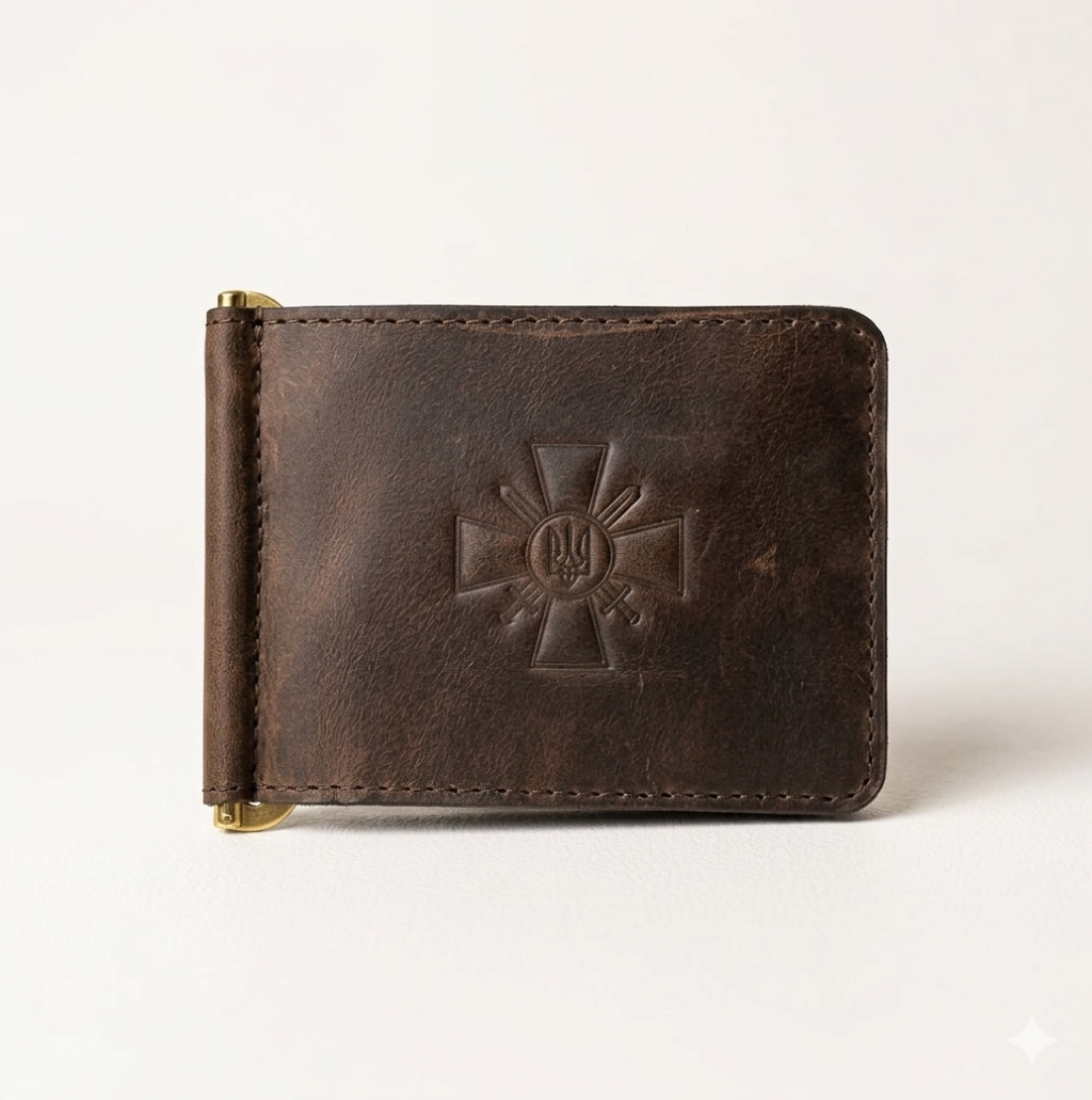 Затискач для купюр із монетницею та тисненням Хреста ЗСУ Leaflet з RFID захистом Коричневий (ЗЗСУ)