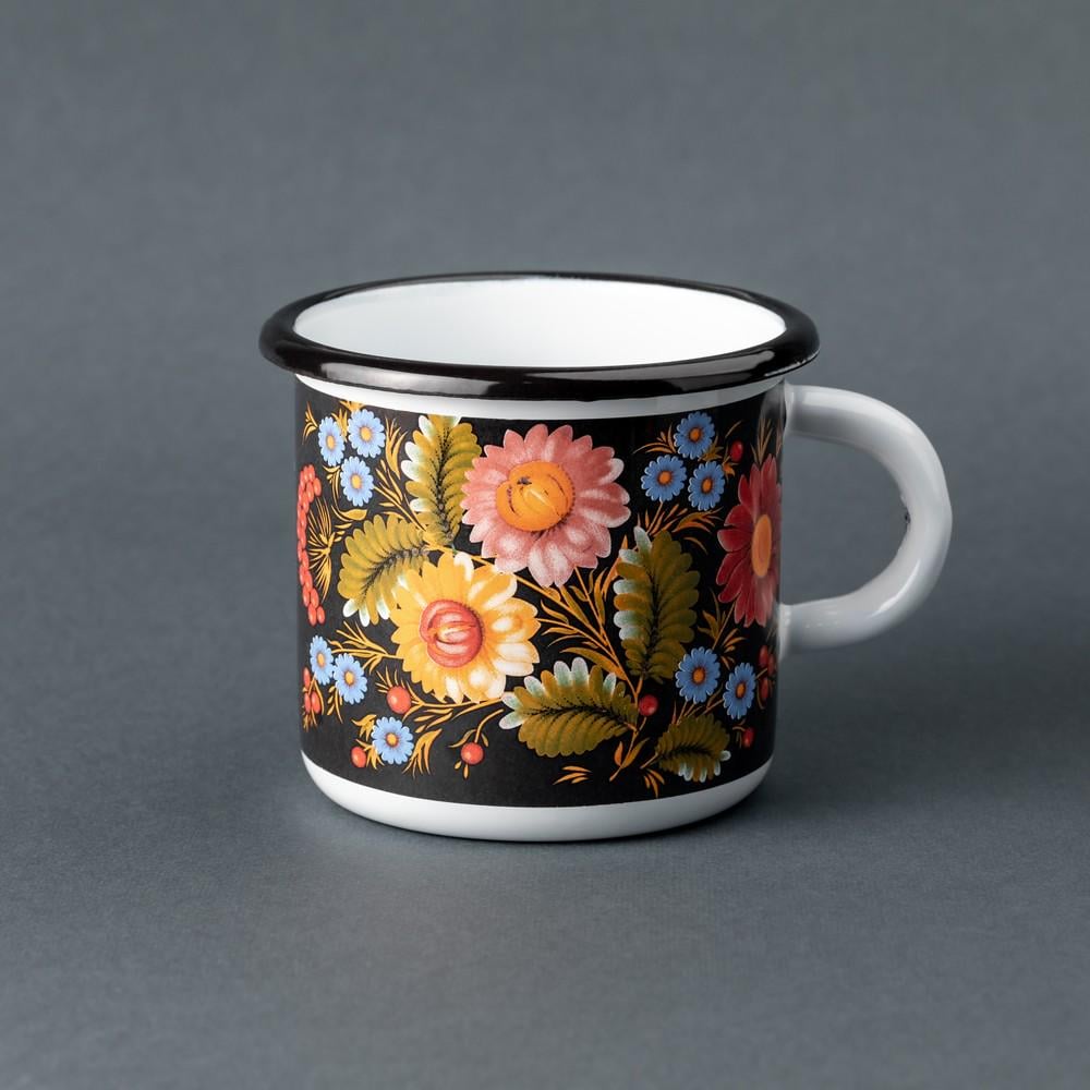 Кружка эмалированная Enamel mug с принтом Петриковская роспись Цветы 400 мл Белый