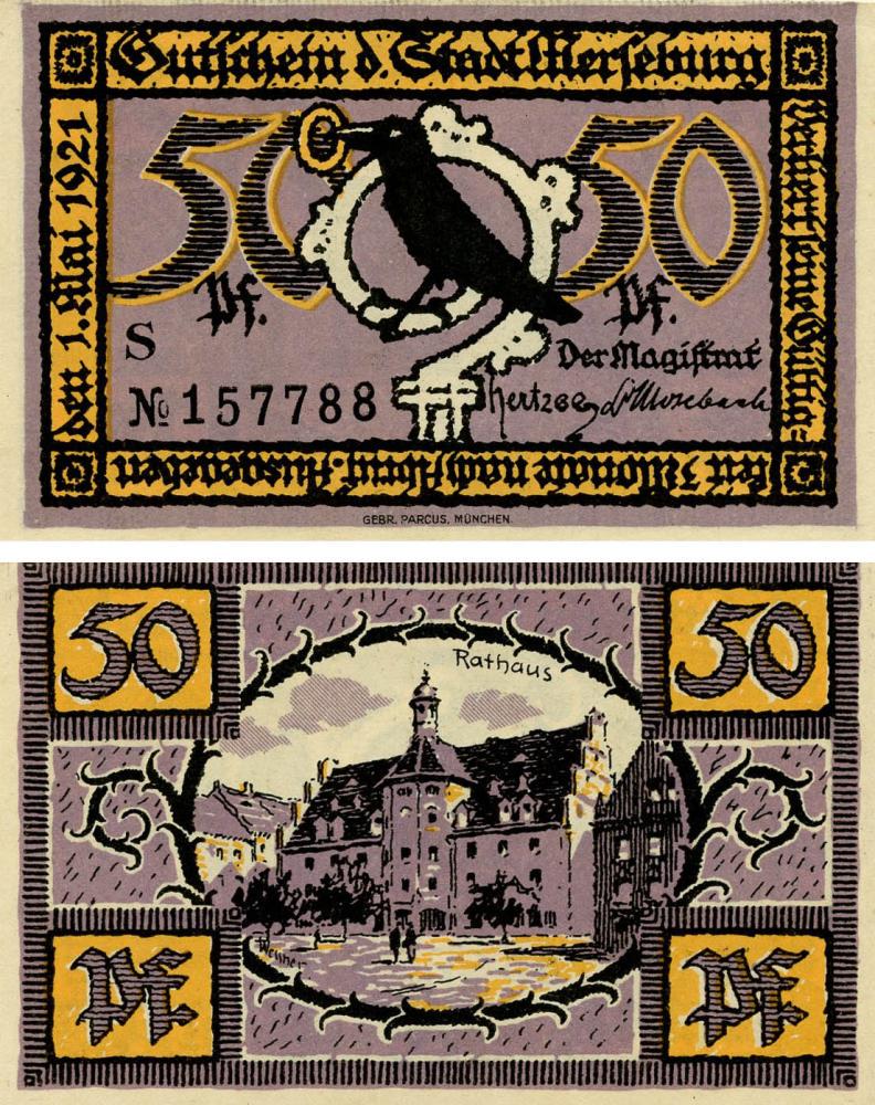 Коллекционная банкнота Германия Нотгельд 50 пфеннигов 1921 F-VF Мерзебург Разновидность 1 (Б18798)