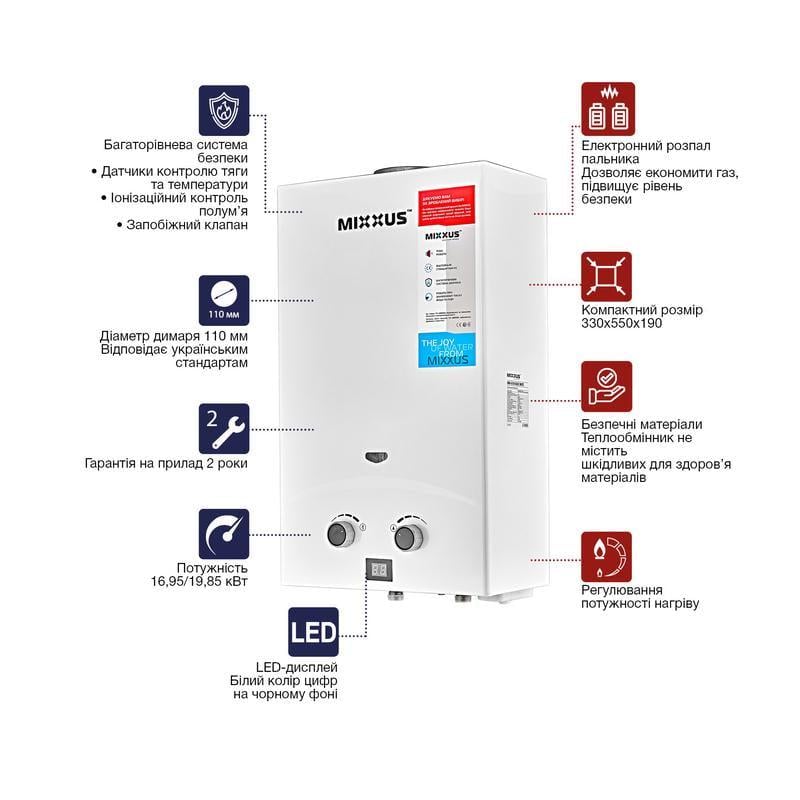 Газова колонка MIXXUS GWH-0110 Basic димохідна 17 кВт 10 л/хв Білий (OL-WH0022) - фото 4
