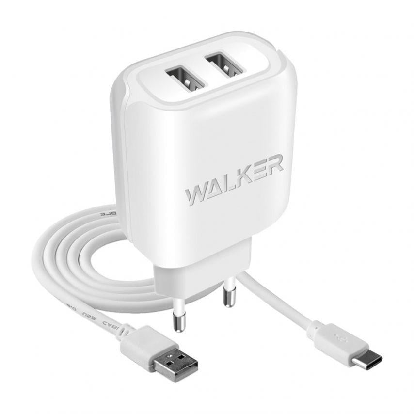 Сетевое зарядное устройство для Walker 2в1 WH-27 2USB/2.1A + Data Cable USB to Type-C White