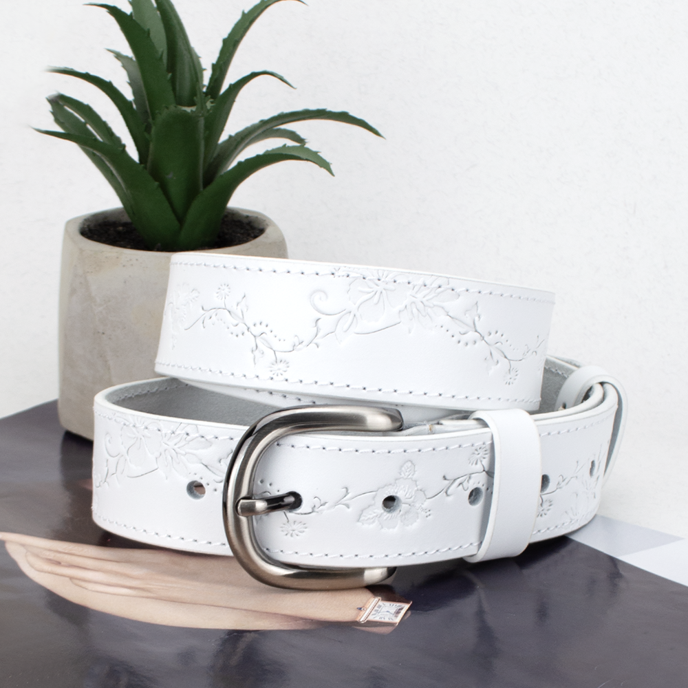 Ремень кожаный женский SF-3531 с цветами 125 см Белый (1908441320)