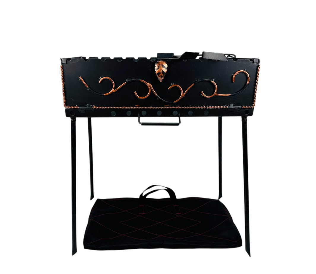 Раскладной мангал-чемодан из стали 2 мм кованый на 12 шампуров с кочергой и совком в чехле с ручками 60х30х70 см Черный (124-10-MG-5062) Раскладной мангал-чемодан из стали 2 мм кованый на 12 шампуров с кочергой и совком в чехле с ручками 60х30х70 см Черный (124-10-MG-5062)