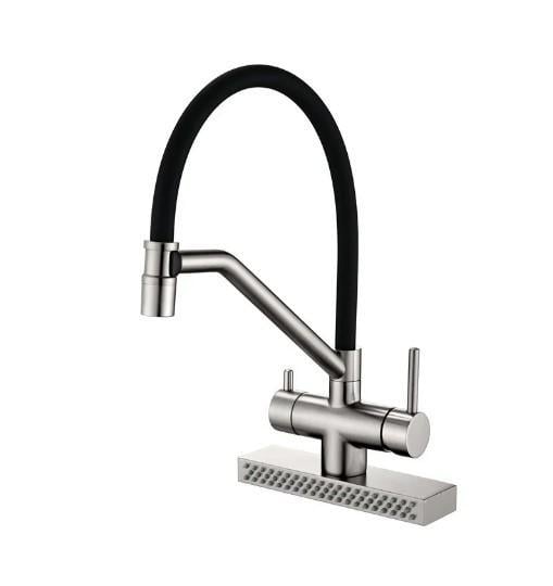 Смеситель для кухни KOER KB-74027-02 с функцией водопад и черным силиконовым изливом (KR5201)