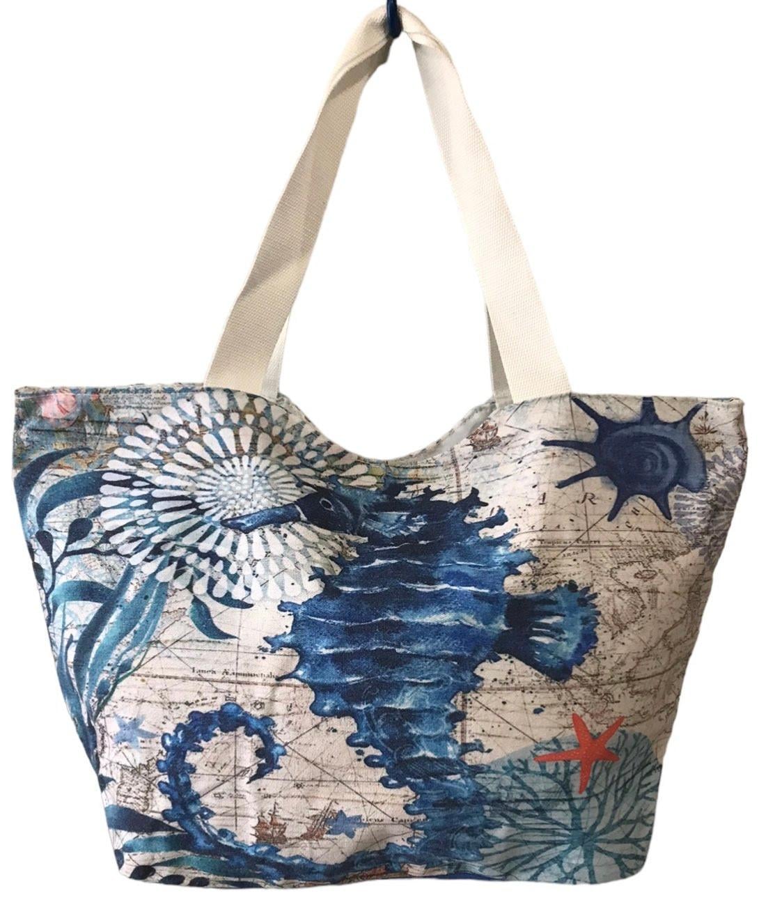 Сумка пляжная женская летняя из ткани на молнии Белый с синим (HN109) Сумка пляжная женская летняя из ткани на молнии Белый с синим (HN109)