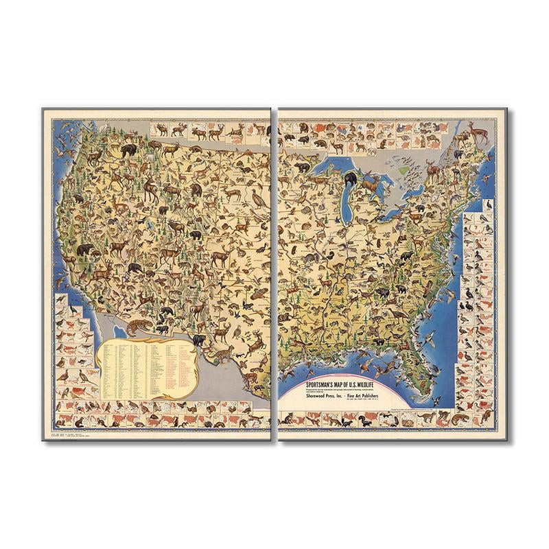 Винтажная карта Карта США, где живут животные 2 модуля 120x180 см