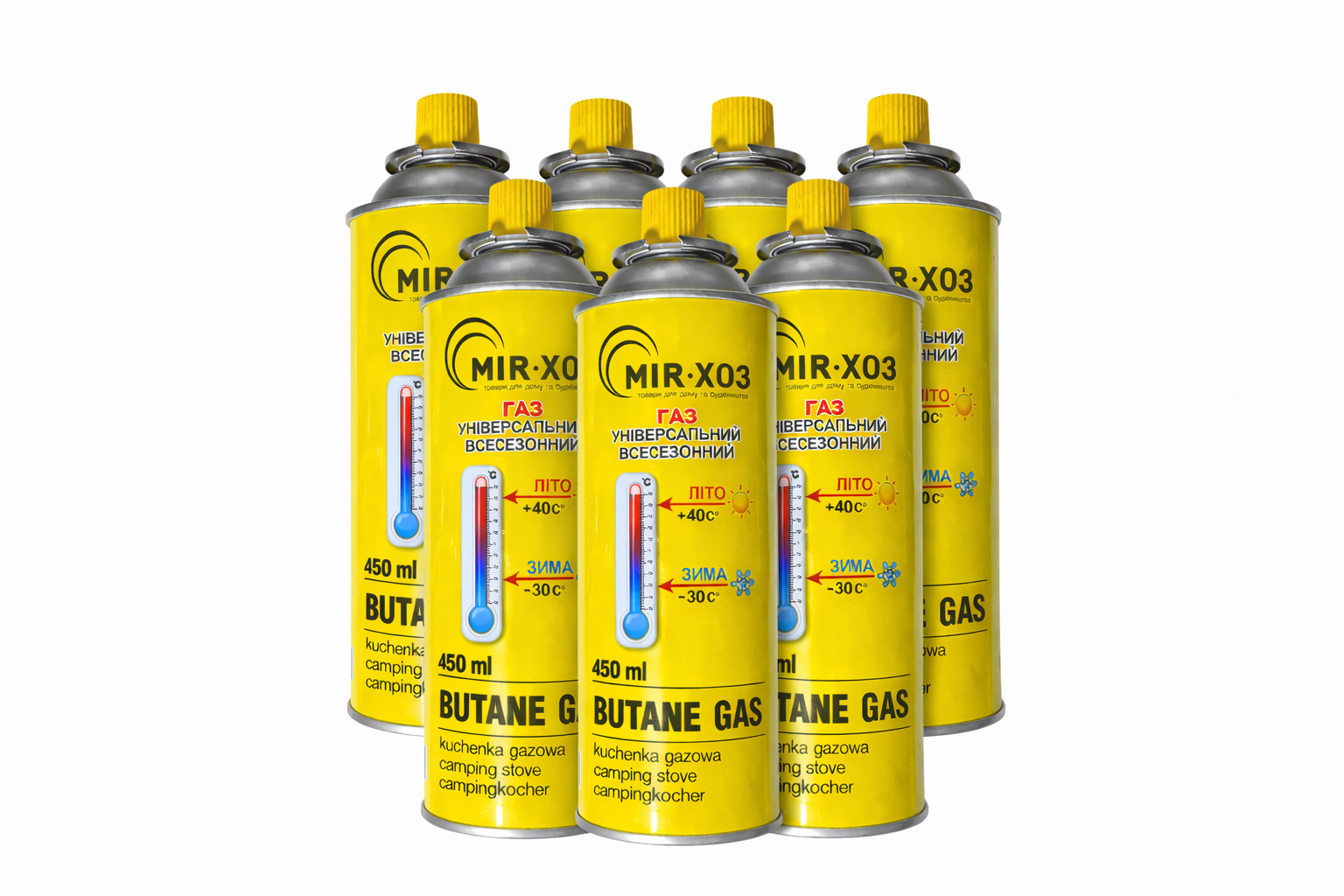Баллон газовый всесезонный -30°С + 40°С Mir-XOZ 227 г/450 мл цанговый 8 шт.