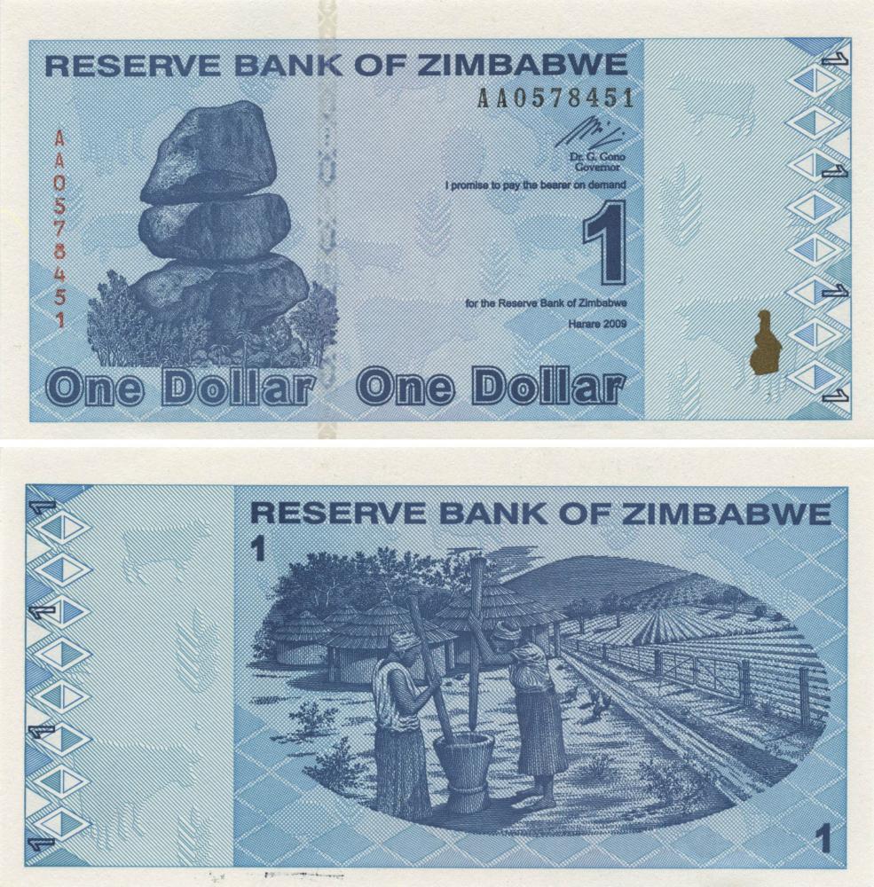Колекційна банкнота Зімбабве 1 долар 2009 UNC P92 (Б09668)