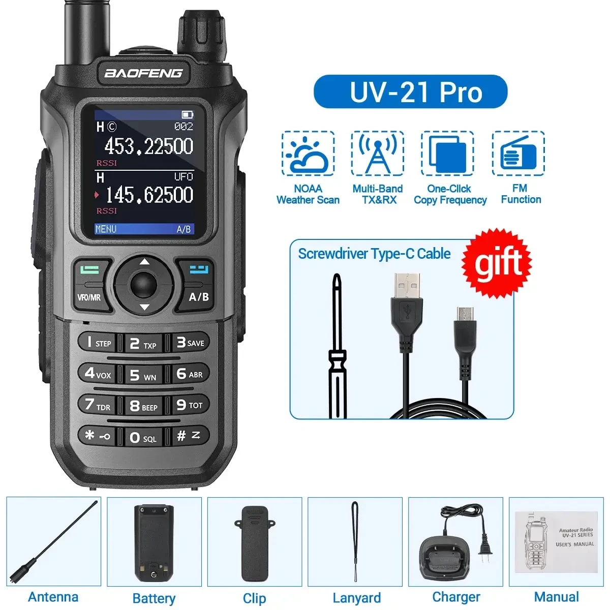 Рація Baofeng UV-21 PRO V2 заряджання type-C до 20 км Grey - фото 3