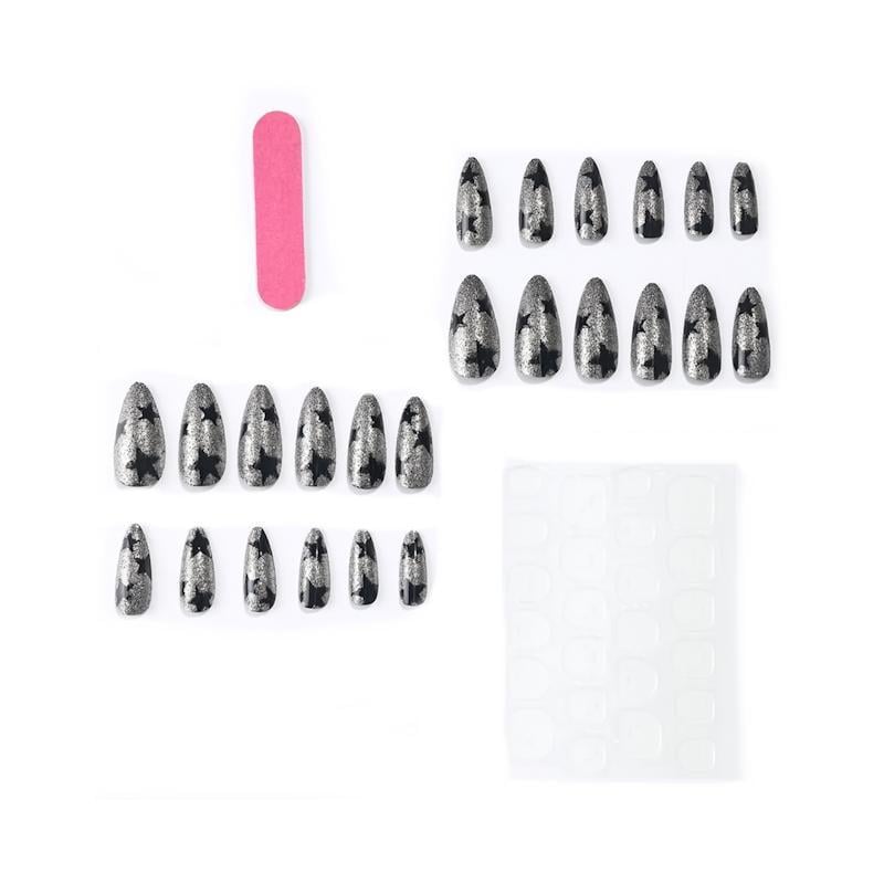 Накладні нігті Чорний Зірки мигдаль середньої довжини із клейовими пластинами 24 шт. Сріблястий (2789190679)