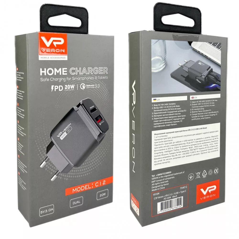 Сетевое зарядное устройство Veron VR-C12 USB+Type-C 2,4A 5V PD 20W с быстрой зарядкой Черный - фото 2