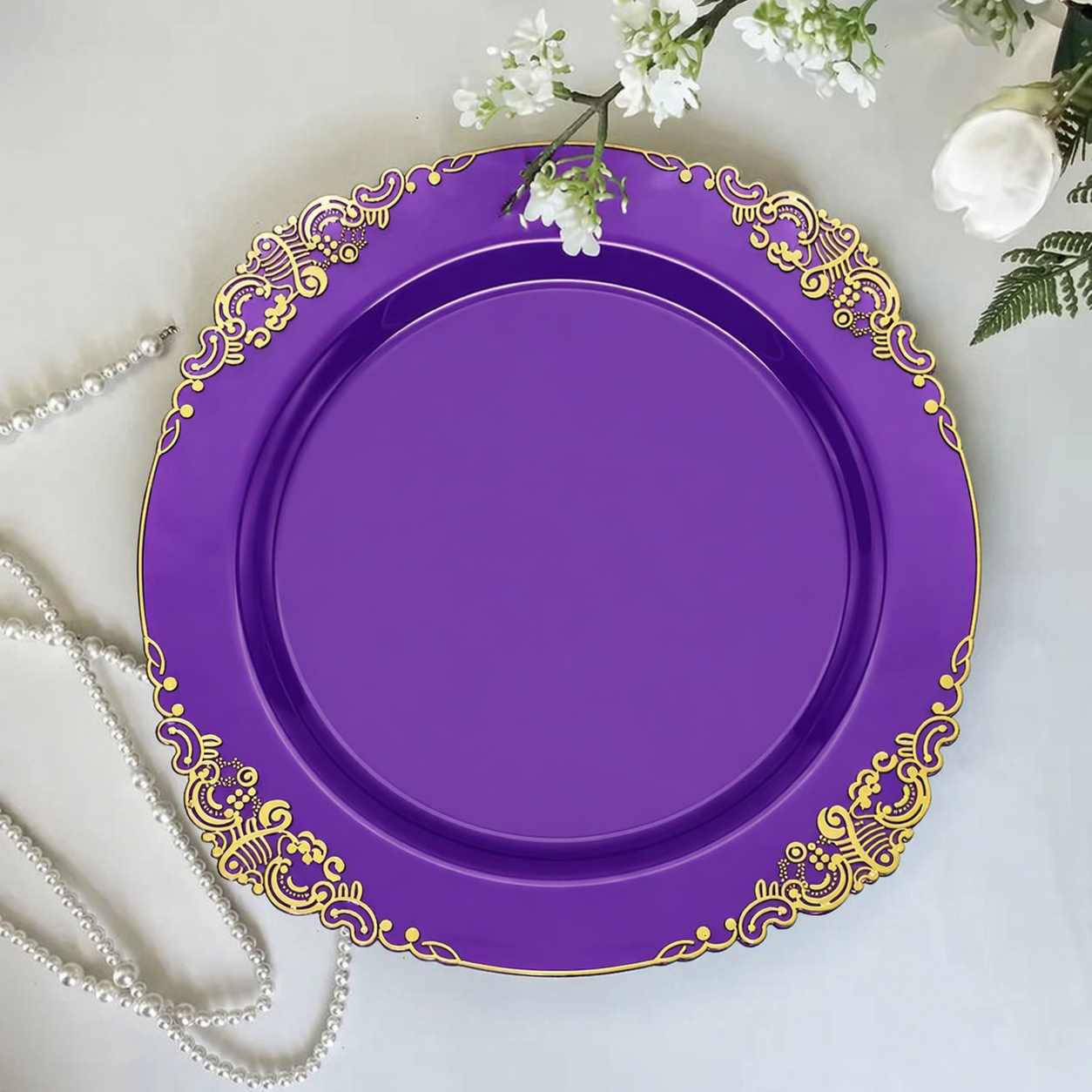 Тарелки пластиковые круглые обеденные крепкие многоразовые с золотистым узором 2 шт. 26 см Фиолетовый