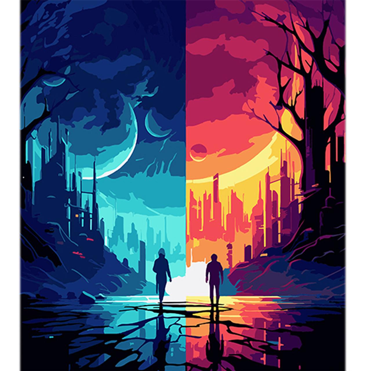 Картина по номерам Strateg Премиум Два мира, одна ночь на черном фоне 40х50 см (AH1092)