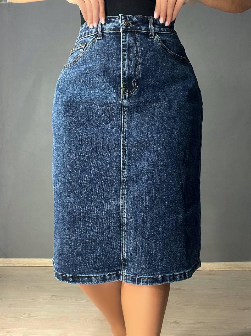 Юбка джинсовая Vanver 8251 средней длины с разрезом р. 40 Синий - фото 8