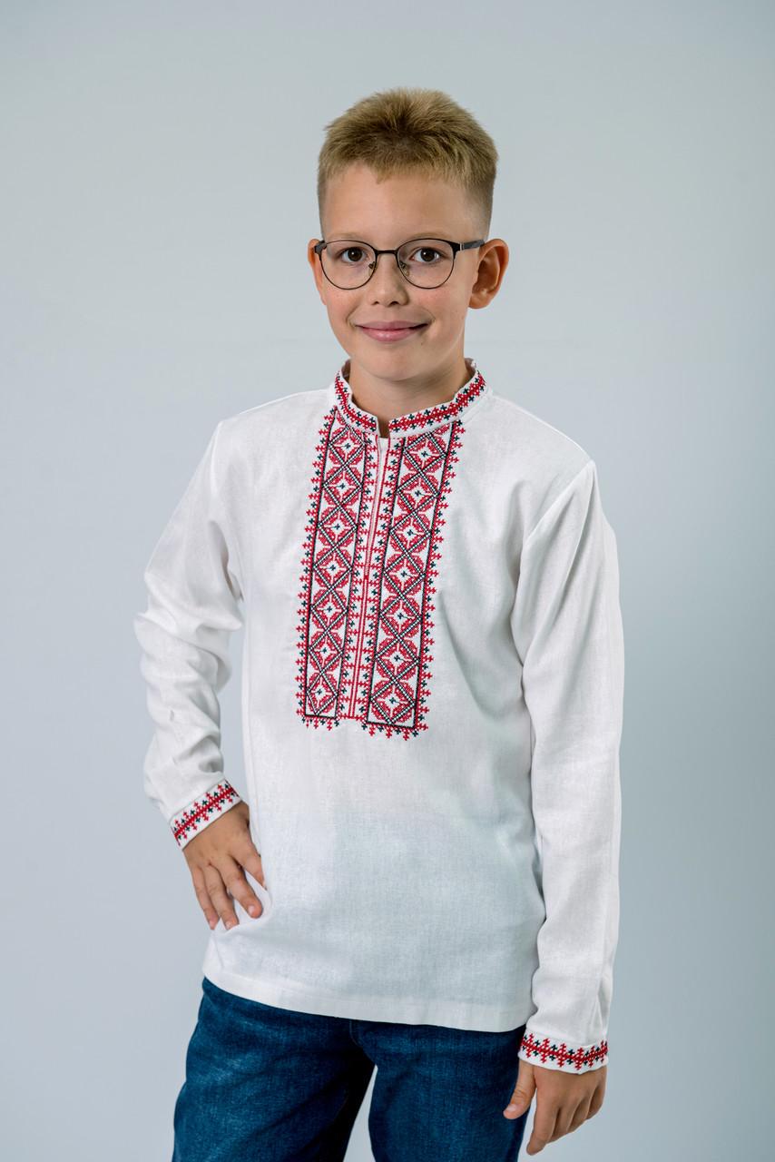 Вышиванка на мальчика лен с красным орнаметом с длинным рукавом 158 см Белый (1887835831) - фото 3