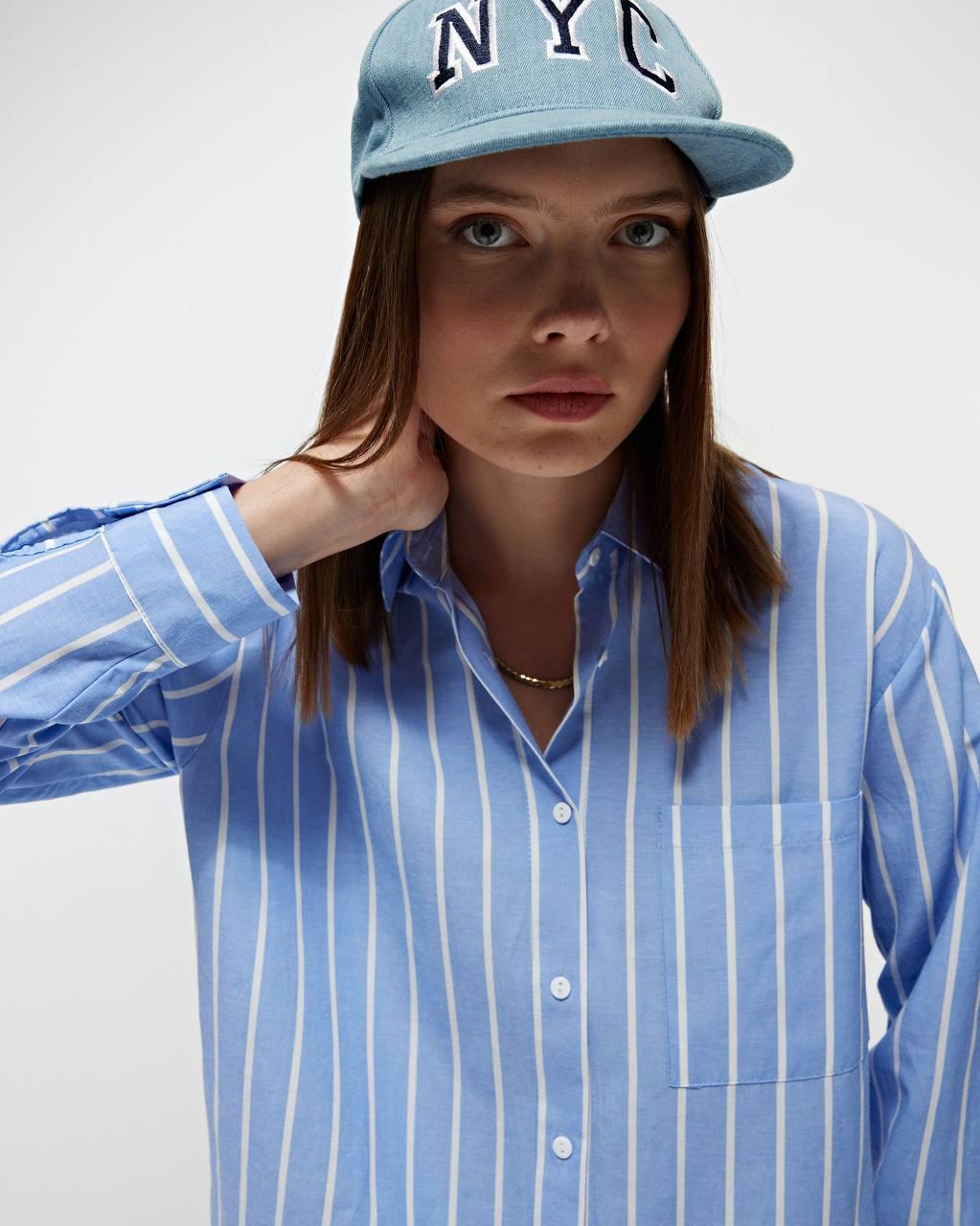 Сорочка жіноча MIX RAY 4367 оверсайз подовжена широка смуга S Блакитний (1638) - фото 2 Сорочка жіноча MIX RAY 4367 оверсайз подовжена широка смуга S Блакитний (1638) - фото 2