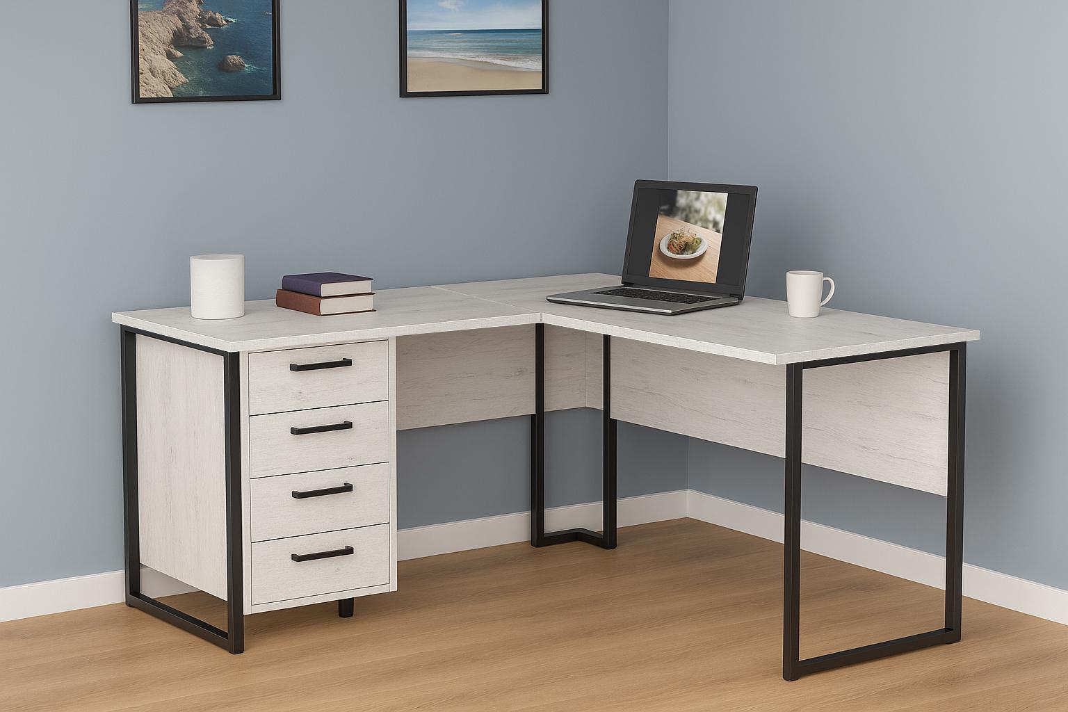 Стол угловой офисный Tobi Sho LOFT Iceberg СУЛА/2-1 с 4 ящиками столешница 18 мм 1400х1200х750 Дуб крафт белый