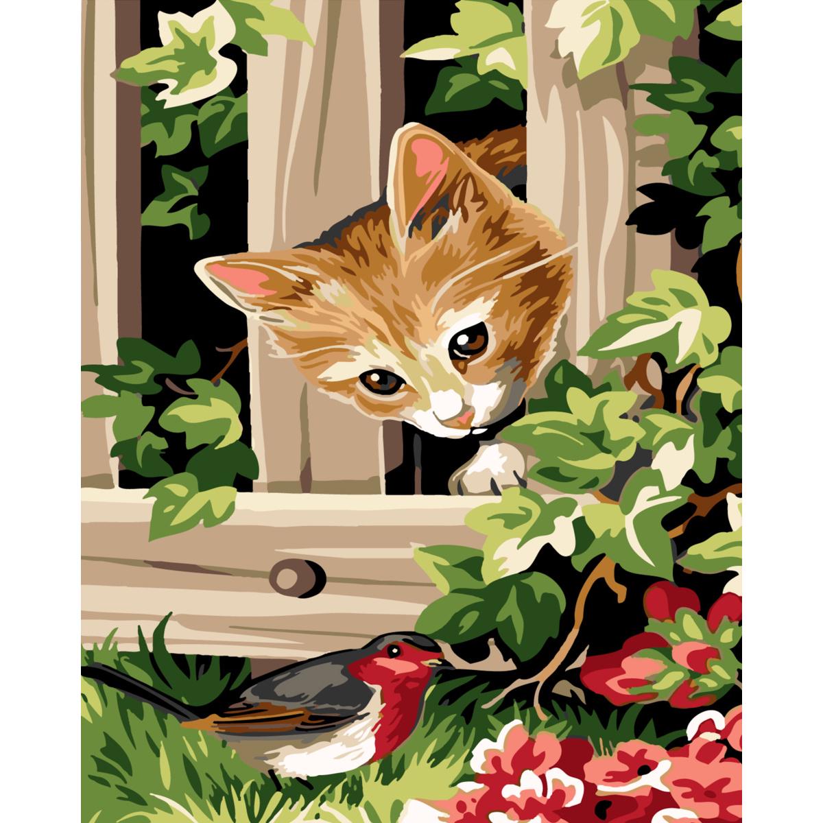 Картина по номерам Strateg Премиум Заинтересованный котенок и птичка с лаком 30х40 см (SS-6427)