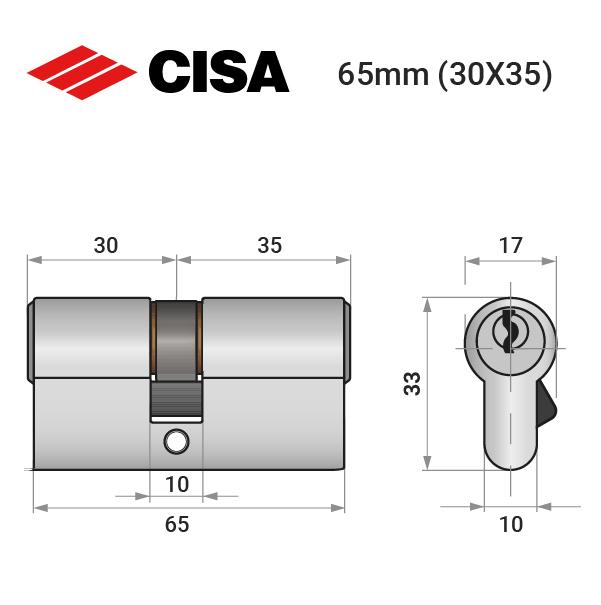 Циліндр замка ключ/ключ Cisa C2000 65 30x35 нікель матовий (37948) - фото 3