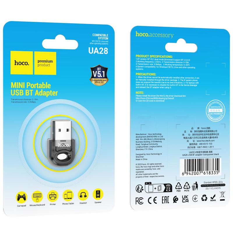 Адаптер Bluetooth Hoco UA28 USB Transparent Black (00000069097_1) - фото 6