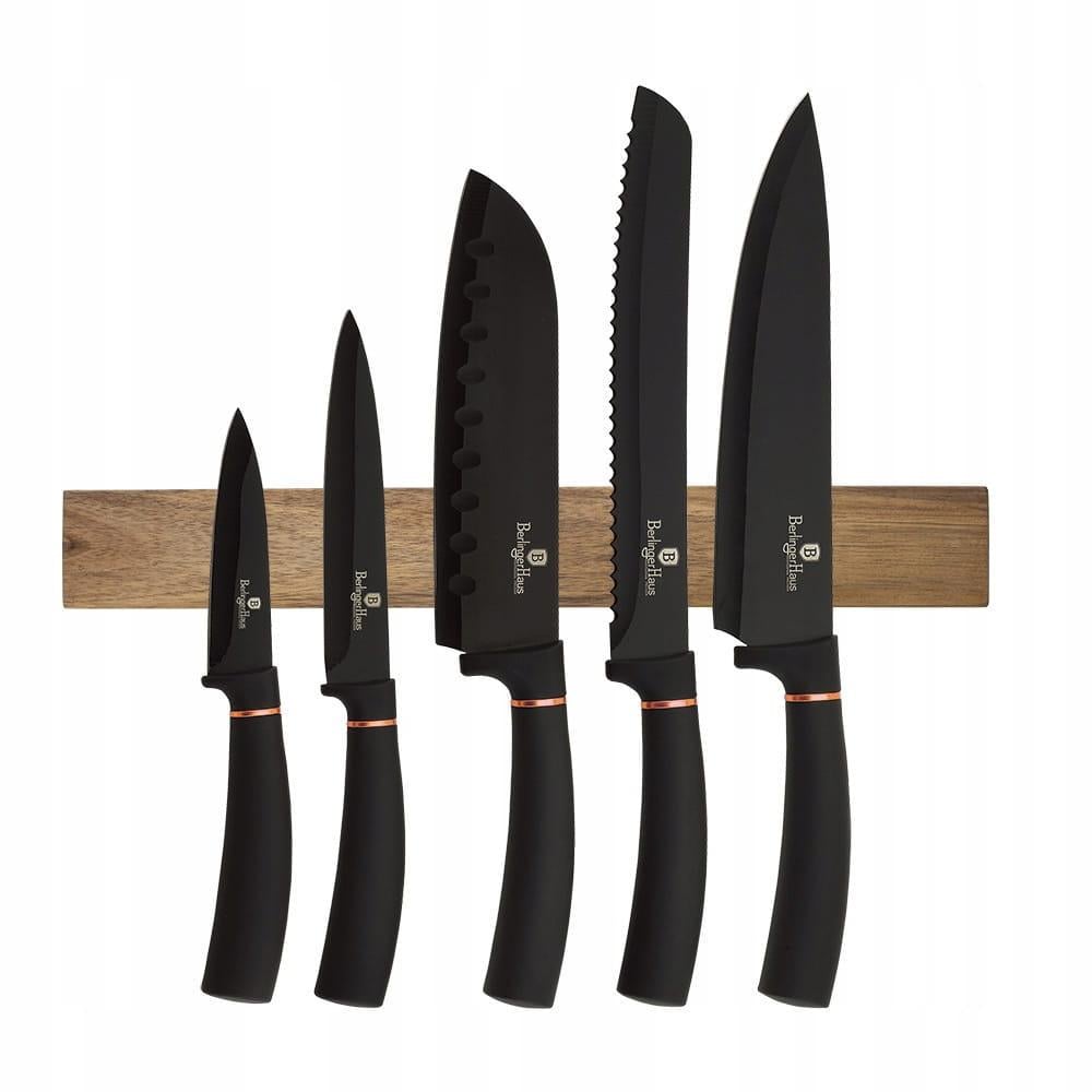 Набір ножів Berlinger Haus Black Rose Collection з магнітною планкою кухарською/для овочів/хліба/сантоку/універсальний нержавіюча сталь