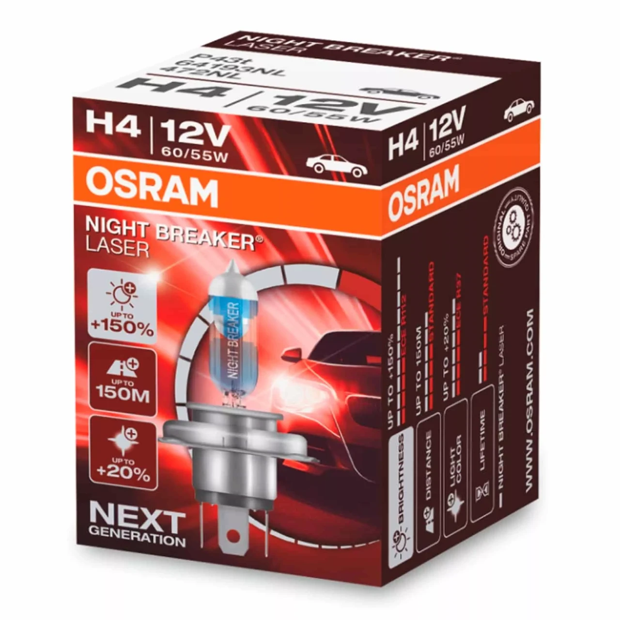 Автолампа H4 Night Breaker Laser+150 12V 60/55W P43t (64193NL)