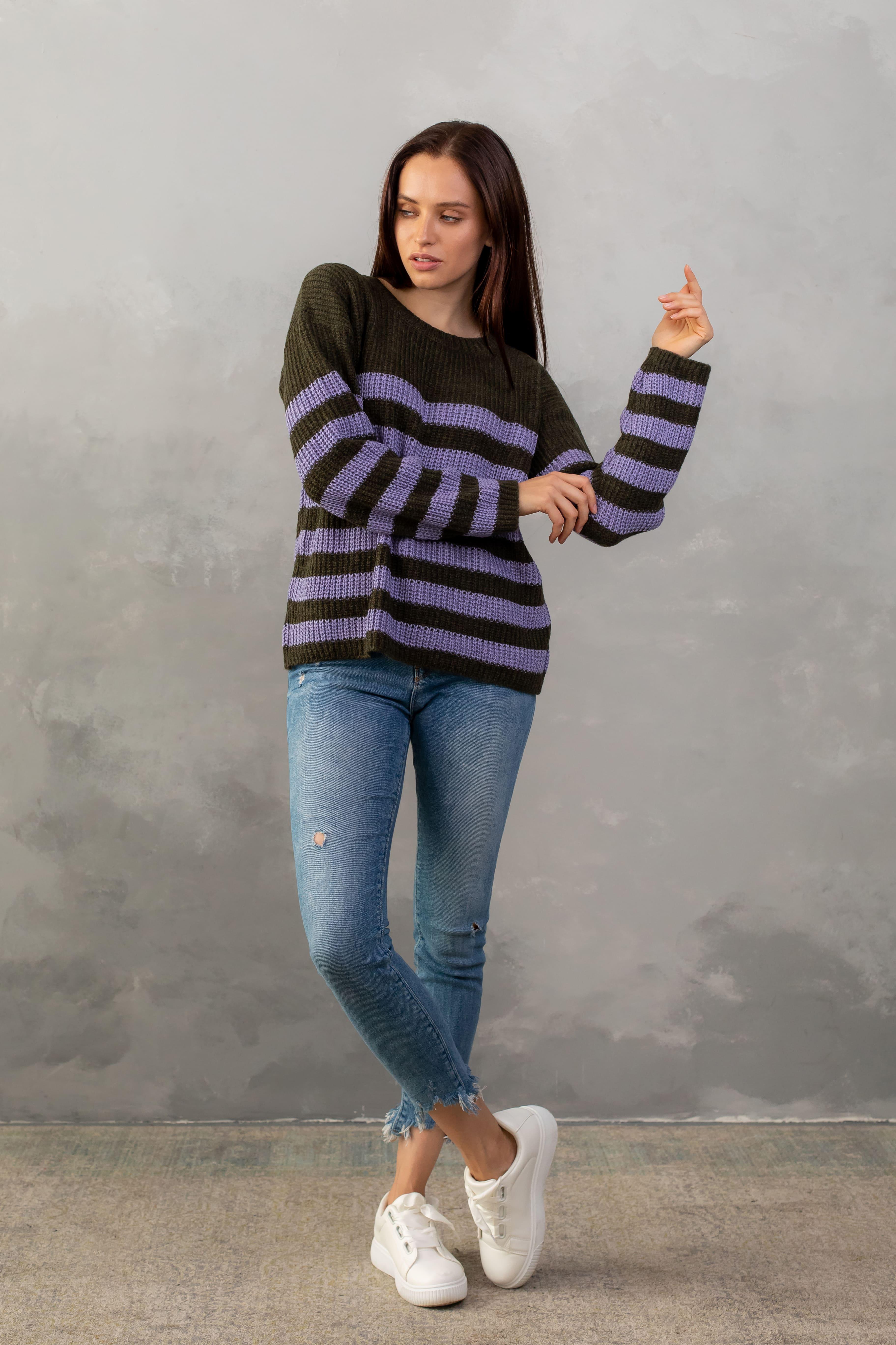 Джемпер женский в полоску XS-M Темно-оливковый/Крокус (3219)