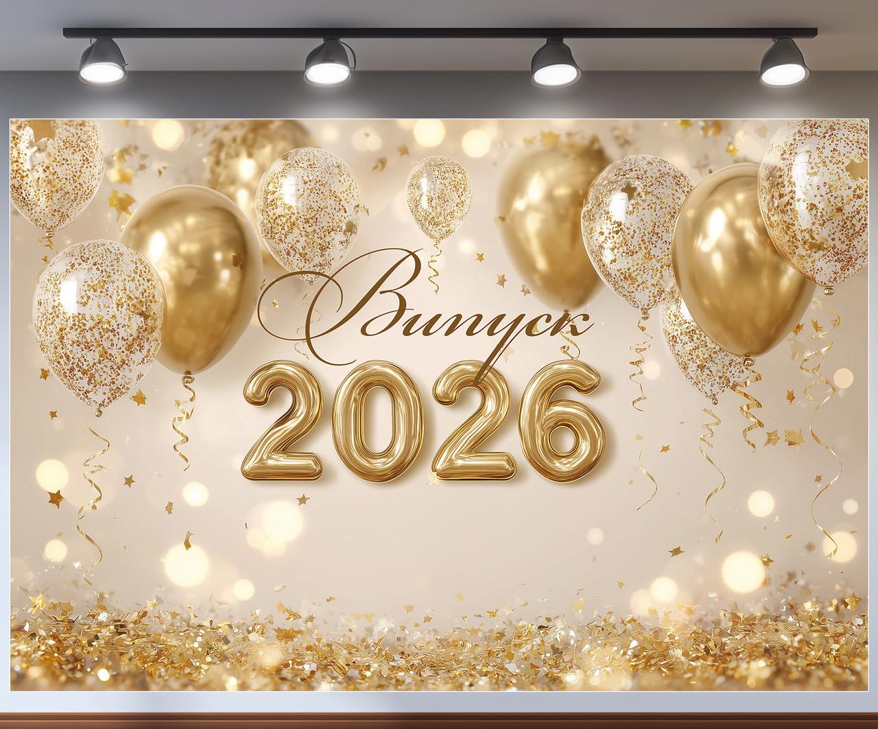 Баннер для фотозоны на выпуск "Випуск 2026" светло-бежевая с золотыми прозрачными шариками 240x160 см №41387 Баннер для фотозоны на выпуск "Випуск 2026" светло-бежевая с золотыми прозрачными шариками 240x160 см №41387