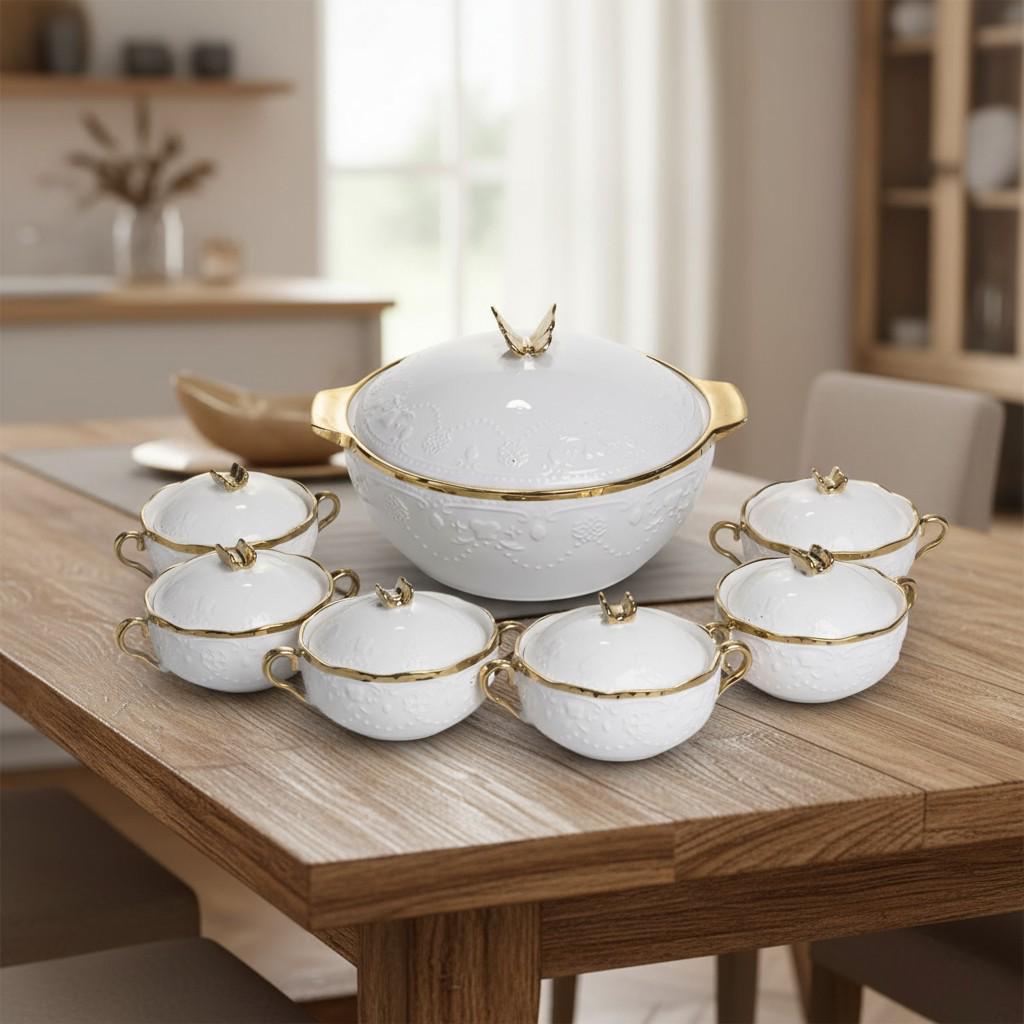 Сервиз суповой фарфоровый Amphora на 6 персон супница 3 л с 6 бульонницами 300 мл 7 предметов Белый/Золотой (SPW-16) - фото 6 Сервиз суповой фарфоровый Amphora на 6 персон супница 3 л с 6 бульонницами 300 мл 7 предметов Белый/Золотой (SPW-16) - фото 6