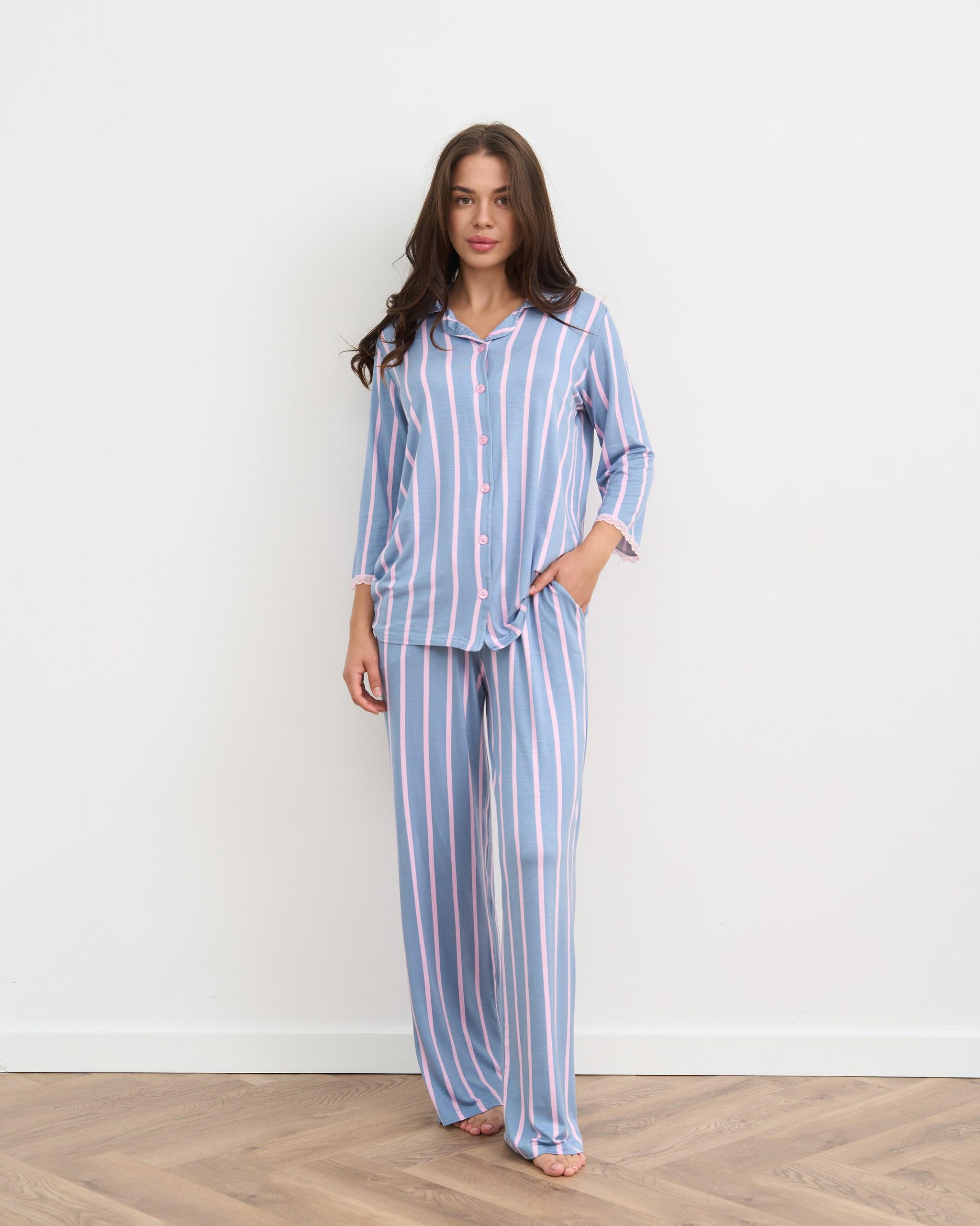 Пижама женская на пуговицах со штанами в полоску вискоза 99078 S Голубой
