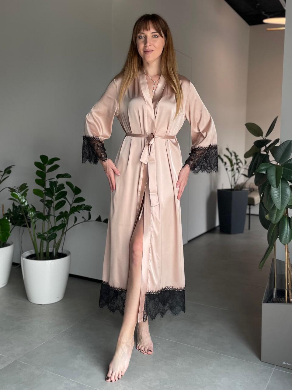 Халат женский длинный шелковый с кружевом 2XL Персиковый (2640002513)