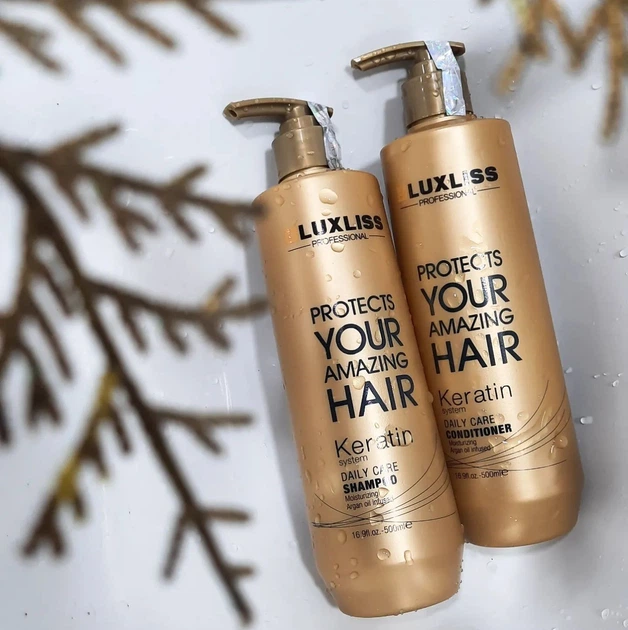 Набір шампунь та кондиціонер кератиновий luxliss по 500 мл та міні шампунь та кондиціонер по 40 мл