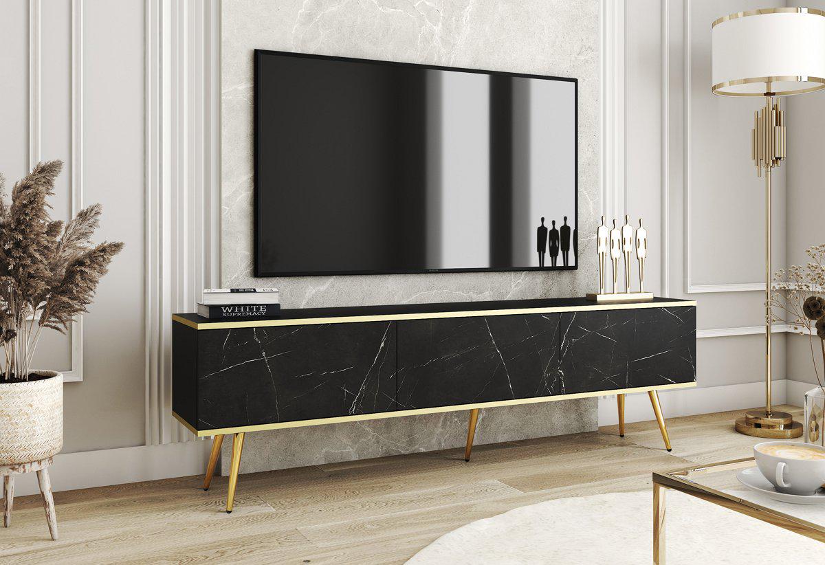 Тумба под телевизор Perfect Home Oro RTV175 3-дверная с золотыми ножками Черный мрамор роял (PFH-091322)