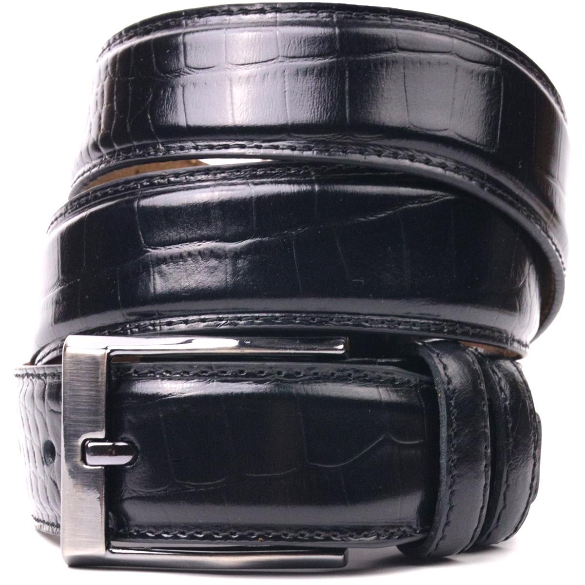 Ремень мужской брючный Karya Belt 21392 из натуральной кожи с тиснением под крокодила Черный