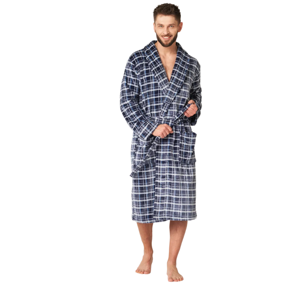 Халат мужской KEY MGL 432 на запах с шалевым воротником в клетку флисовый M/L Черный (2388044129)