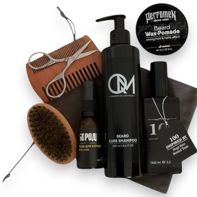 Мужской набор для бороды (тоник лайм+шампунь QM+Hugo Boss Bottled Tonic+Воск)