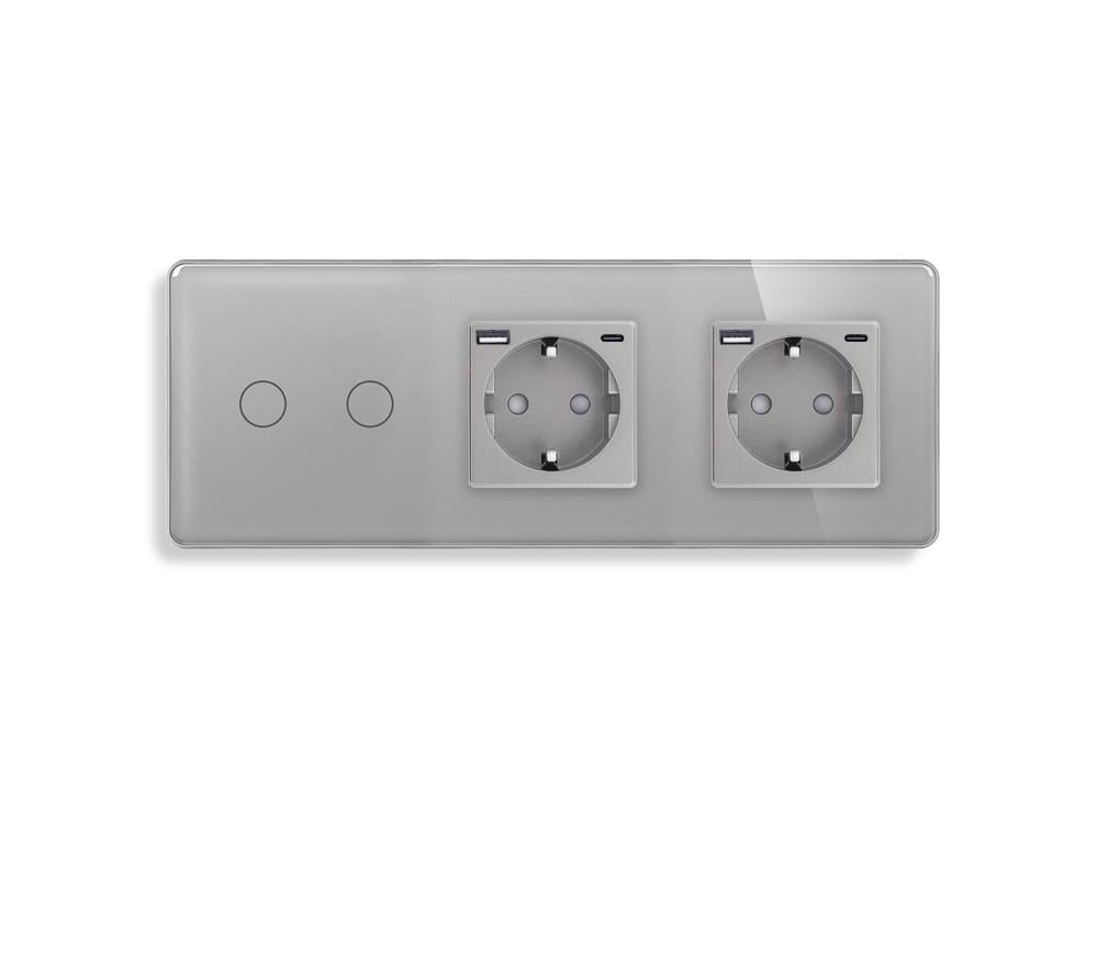 Выключатель двойной ELIOS сенсорный с двумя розетками USB A+C 20Вт с заземлением/шторками стекло Серый
