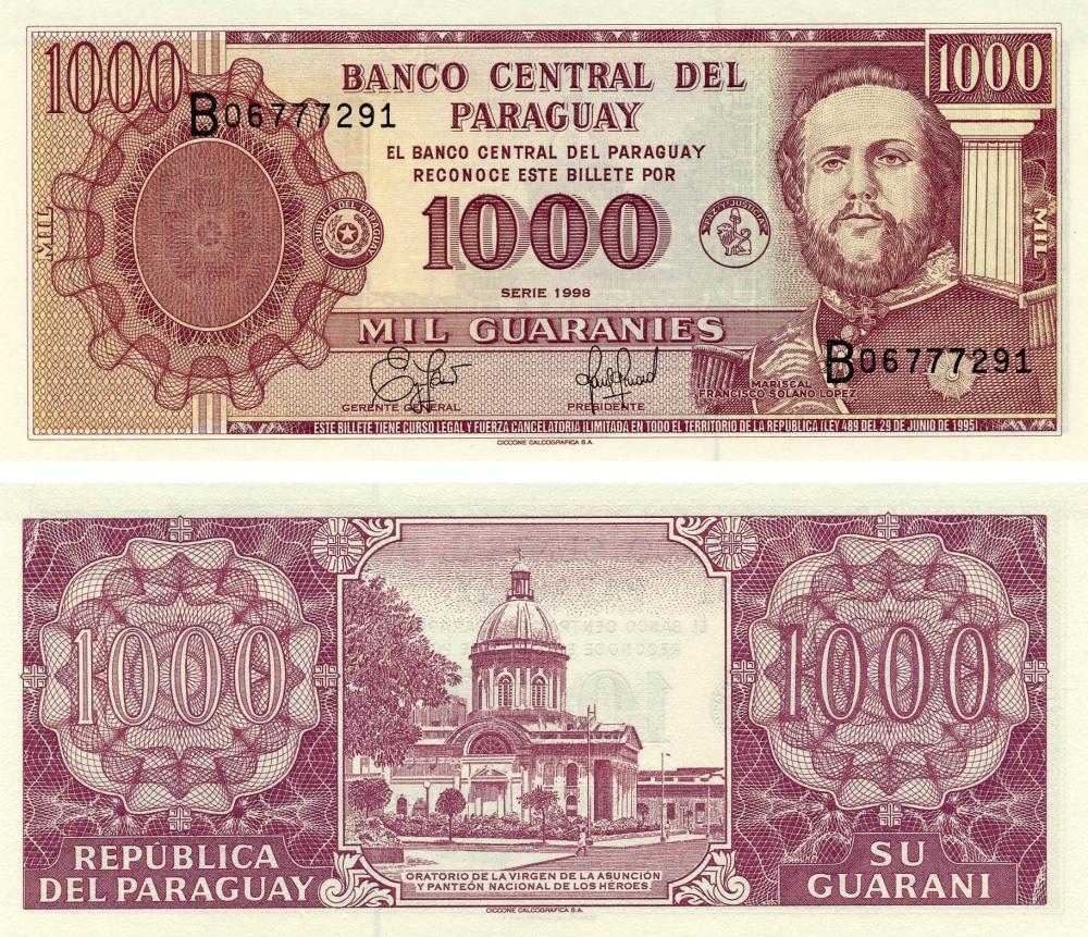 Коллекционная банкнота Парагвай 1000 гуарани 1998-2003 UNC P214 (Б13268)