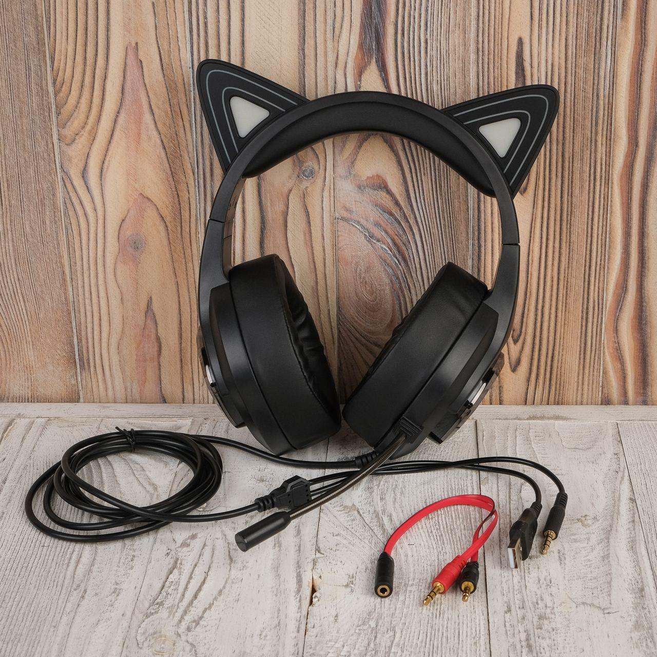 Навушники Hoco W107 Cute cat luminous cat ear gaming headphones Чорний/Рожевий (1899225348)