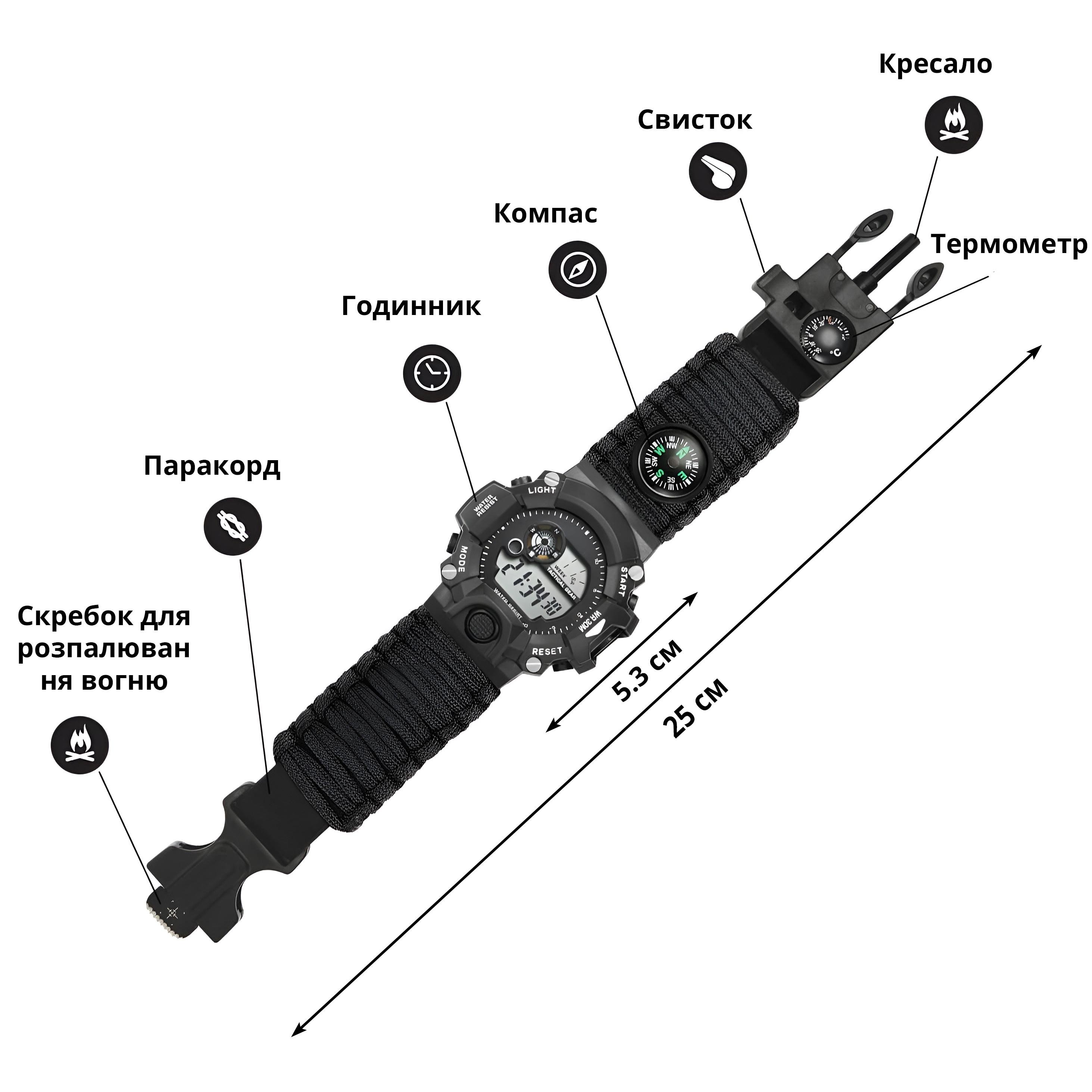 Наручные часы мужские с водозащитой/компасом/свистком и огнивом Черный - фото 4