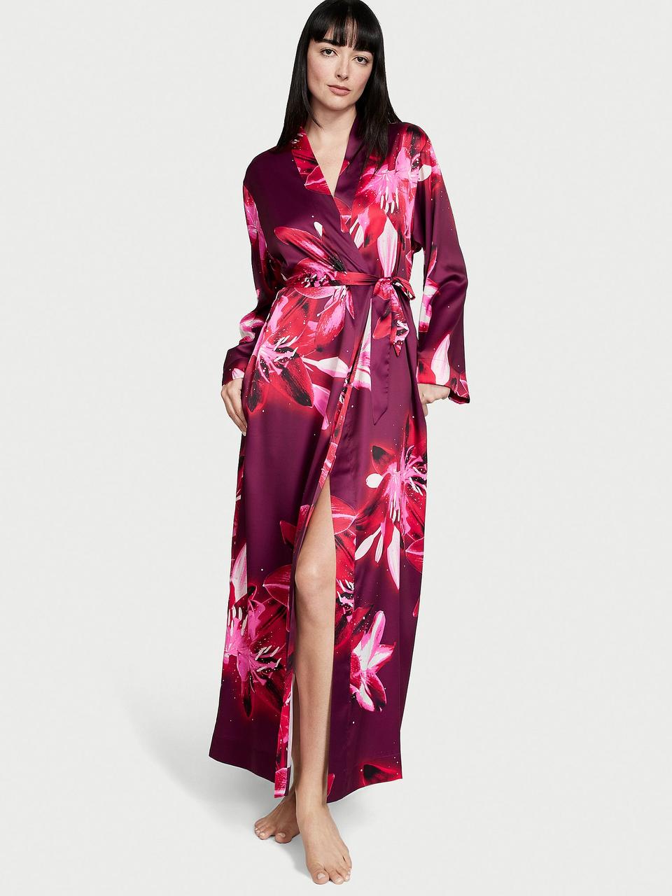 Атласний халат Victoria's Secret Satin Long Robe довгий XS/S Бордовий (2109020712)