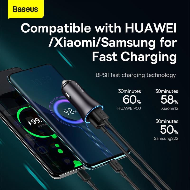 Зарядное устройство автомобильное BASEUS Golden Contactor Max Dual Fast Charger Car Charger U+U 60W Dark Gray (CGJM000013) - фото 12