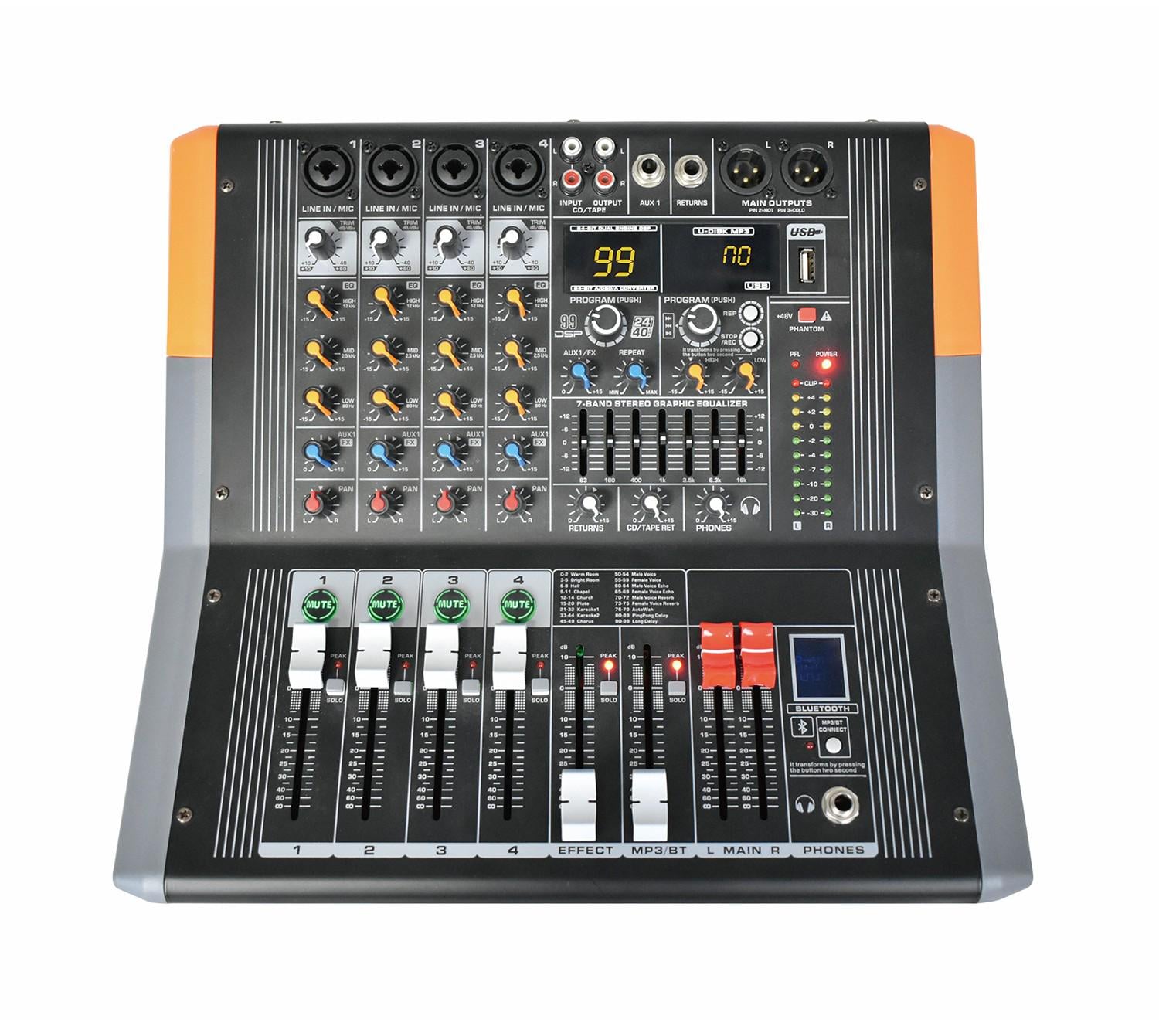 Микшерный пульт с усилителем 2х500 Вт 4 канала 99 DSP USB Bluetooth (0128)
