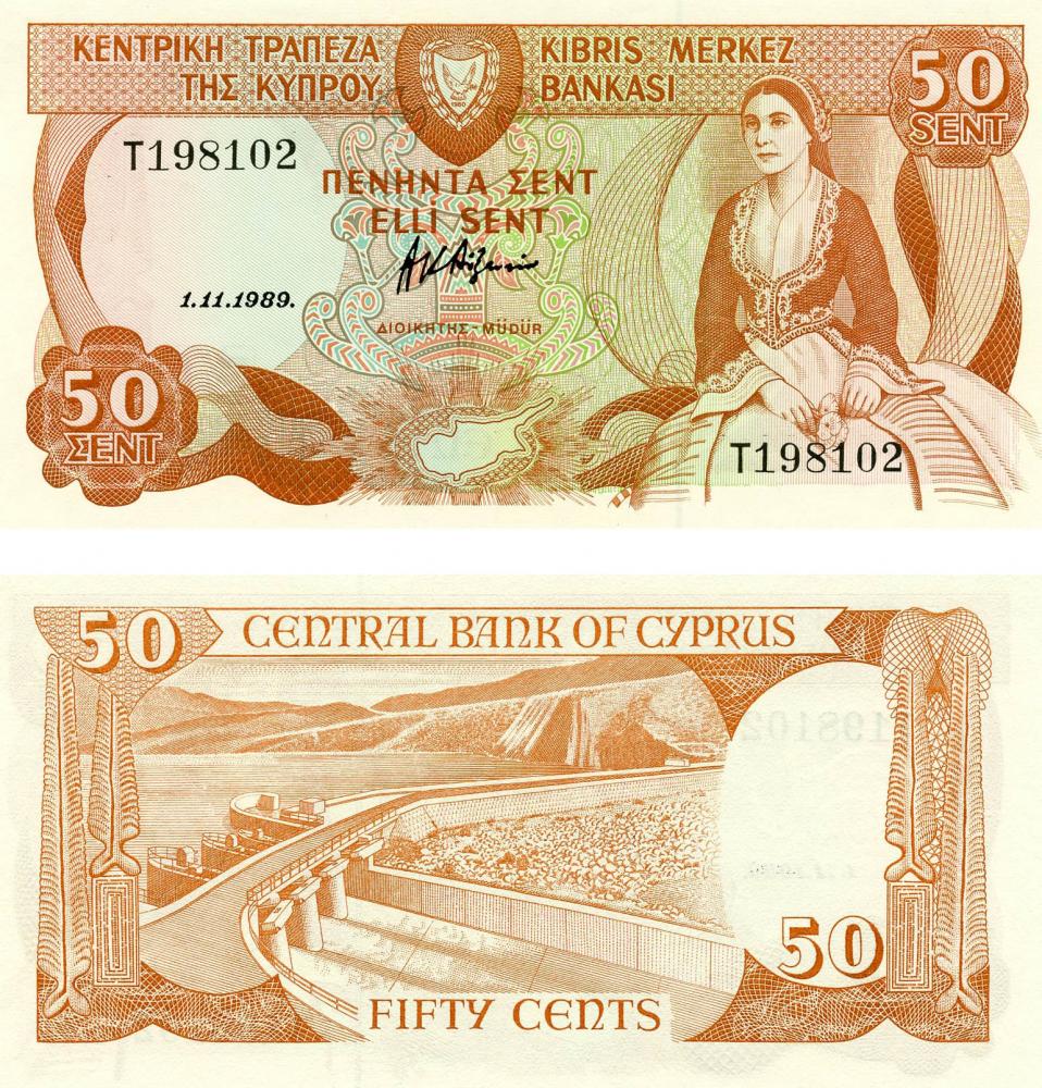 Коллекционная банкнота Кипр 50 центов 1989 UNC P52 (Б05515)